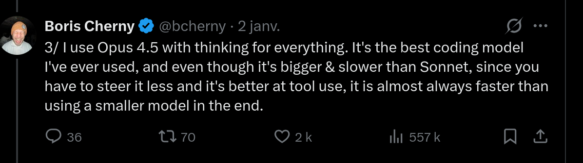 Boris Cherny sur X à propos d'Opus 4.5 avec thinking