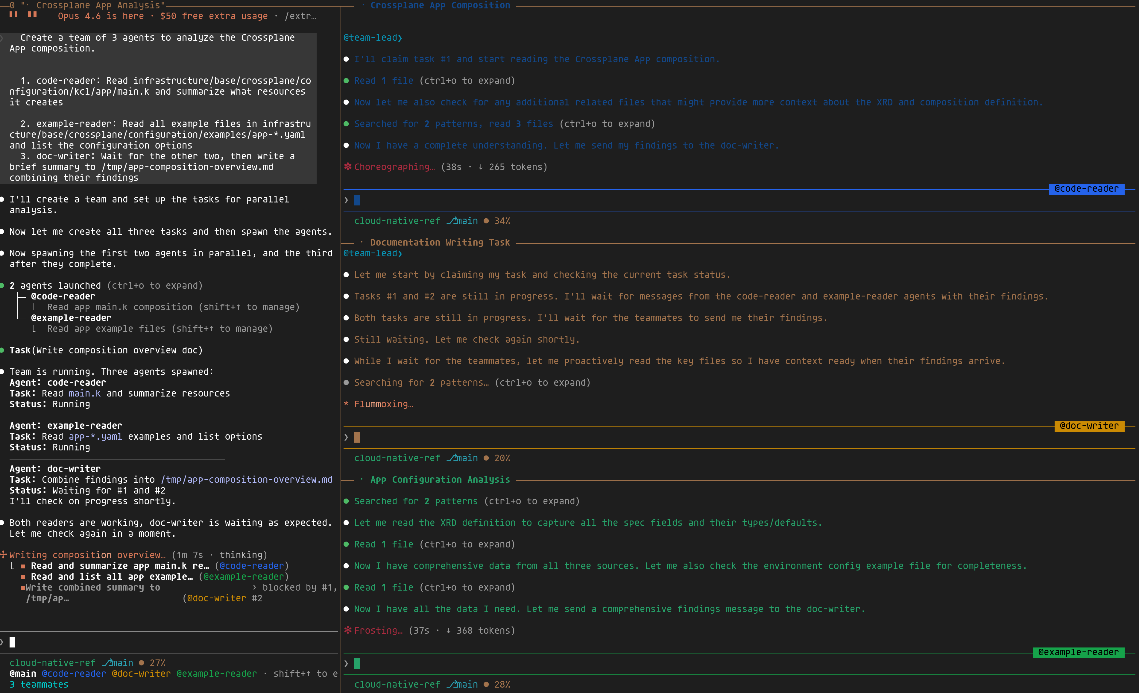 Claude Code Teams - 3 agents travaillant dans des panes tmux