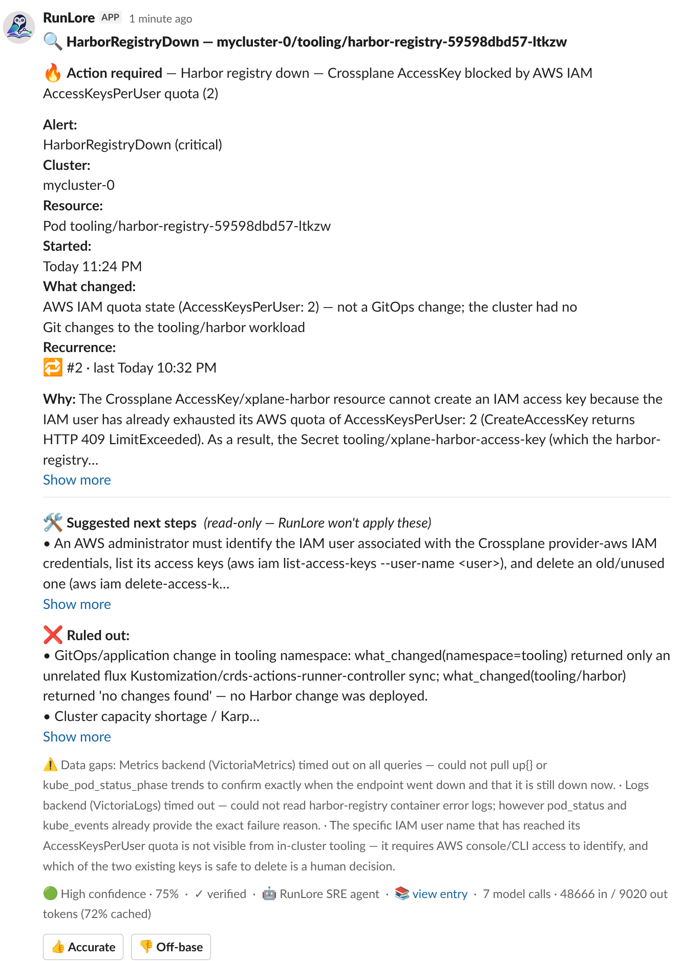 Slack notification of a RunLore investigation