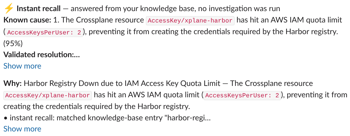 Slack notification of an instant RunLore recall